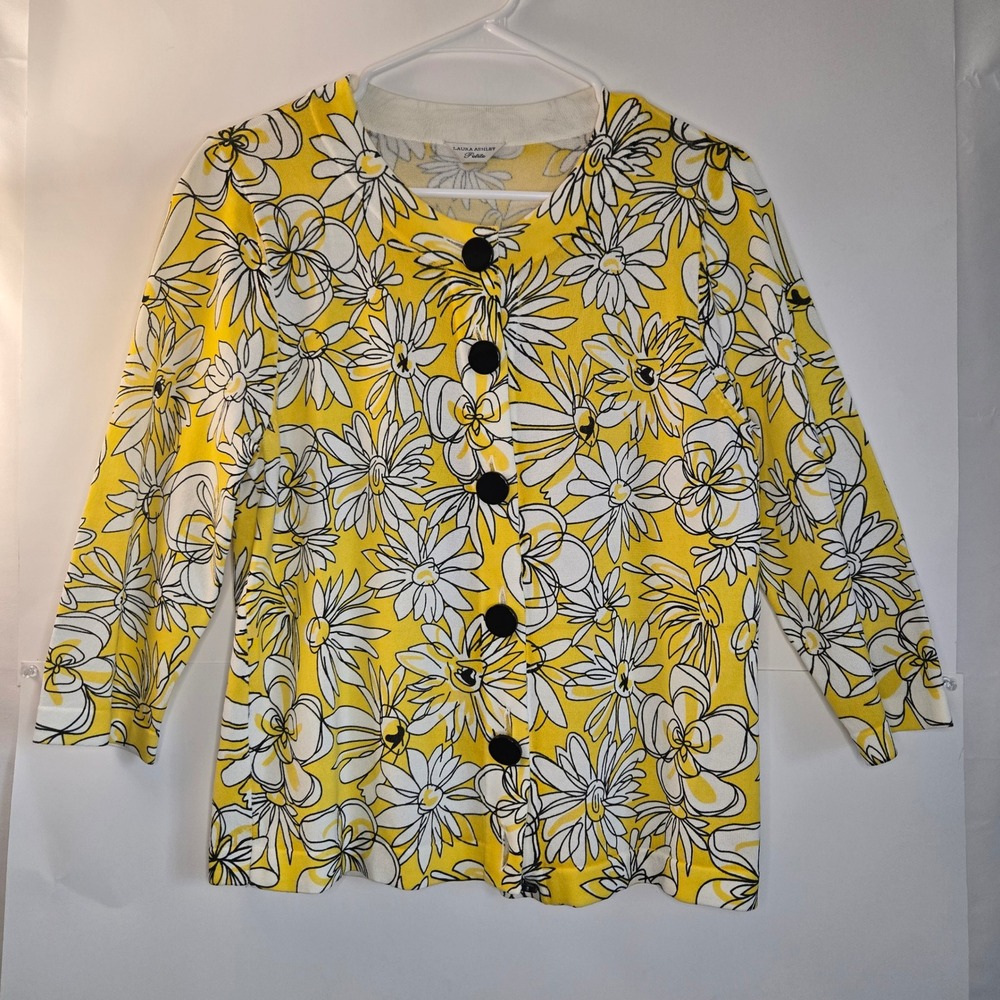 Laura Ashley Petite Yellow Floral Daisy Cardigan Sweater 3/4 Sleeve Size PS
